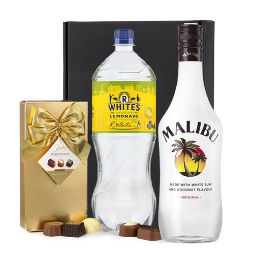 Malibu Original Coconut Rum 70cl with R. White’s Lemonade & Chocolates Gift Box | Spirit Mixer Set